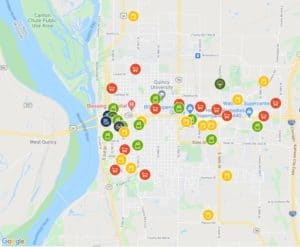 Map of Quincy, Illinois with food pantries and free meal sites pinned locations